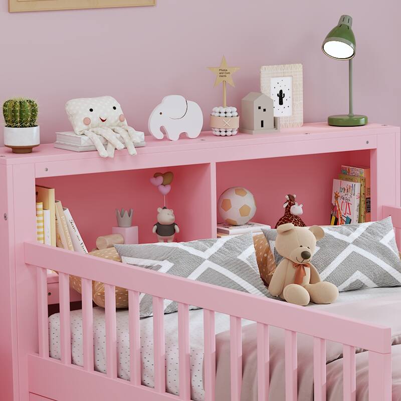 Safe Kids Bed Platform Bed Twin Size Wood Bed Frame with Storage Headboard and 2 Drawers Under, 3-Side Guardrails for Boys Girls