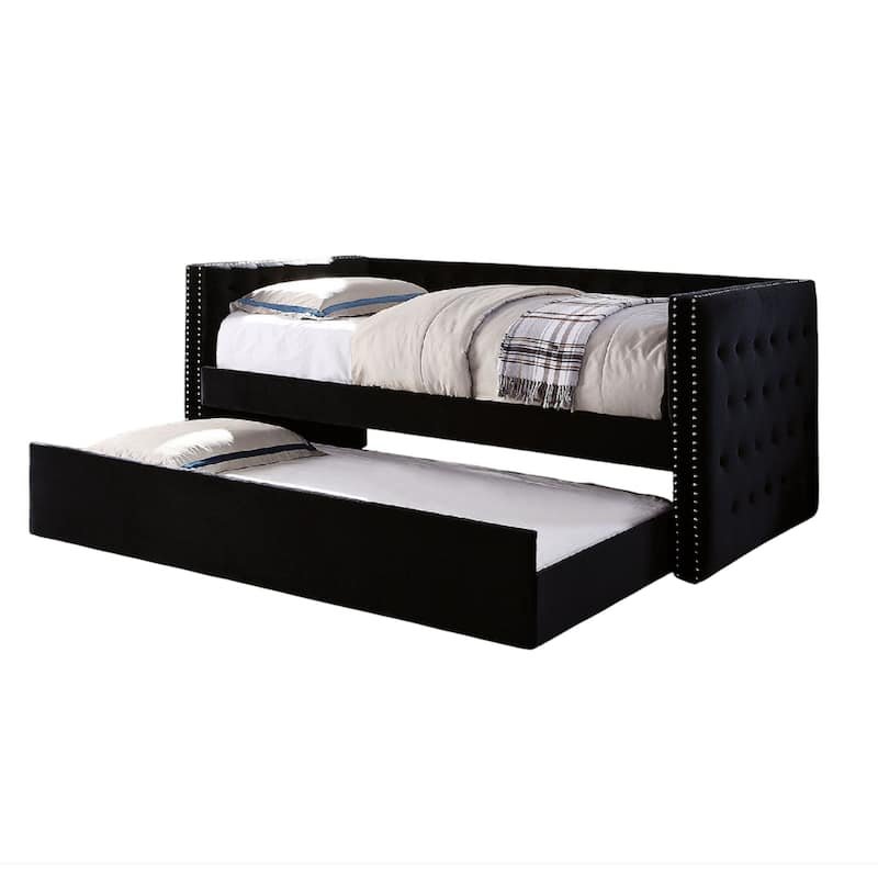 Suzo Daybed with Trundle, Black Flannelette Upholstery, Nailhead Trim