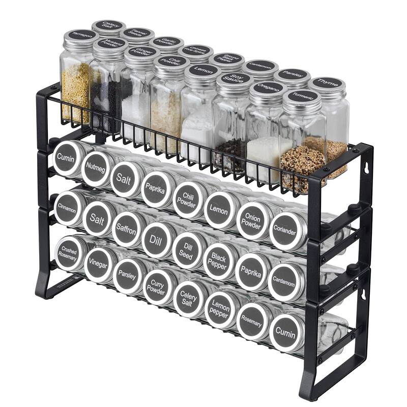 Black Steel 4-Tier Adjustable Spice Rack with Stackable Design and Wall Mount - 4 Tier-Only Spice Rack