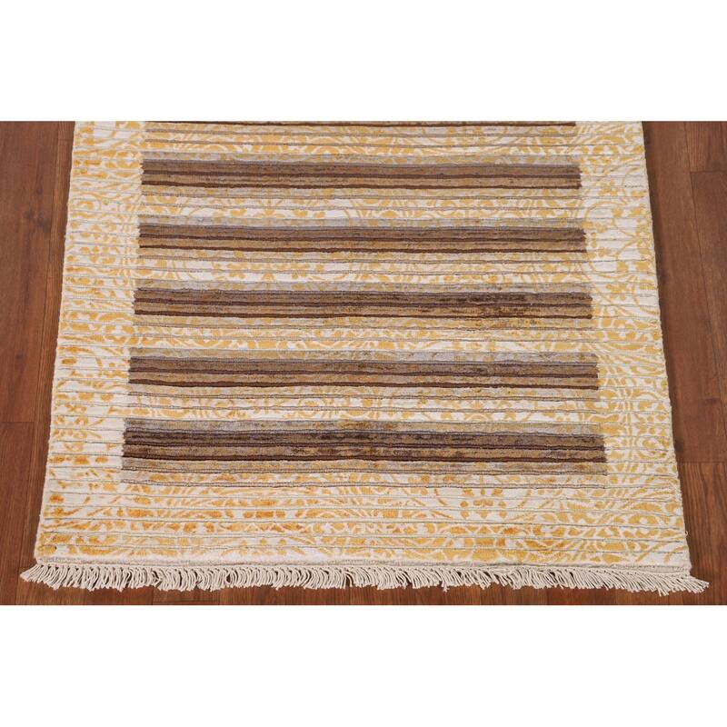Striped Modern Abstract Accent Rug Handmade Yellow Wool Carpet - 2'9"x 4'10"