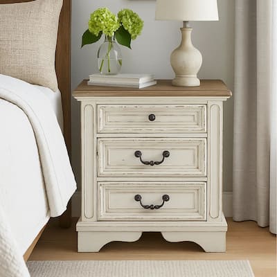 Farah 27 Inch Nightstand | 3 Drawers with Charging | Cottage Distressed White, Dark Bronze