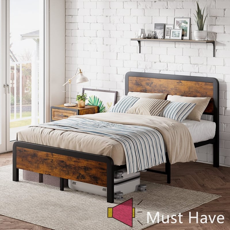 Metal Platform Bed with Wood Headboard and Footboard