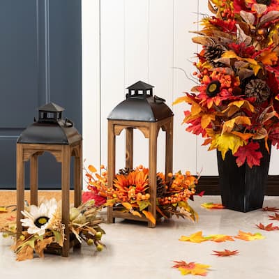 Glitzhome 20"H Fall Pumpkin Sunflower Pine Cone Wooden Hanging Lantern Table Centerpiece