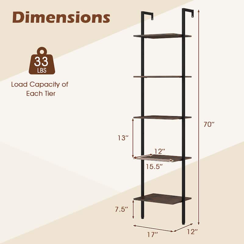 Rustic Brown Engineered Wood Ladder Bookshelf with Metal Frame - 17" x 12" x 70"