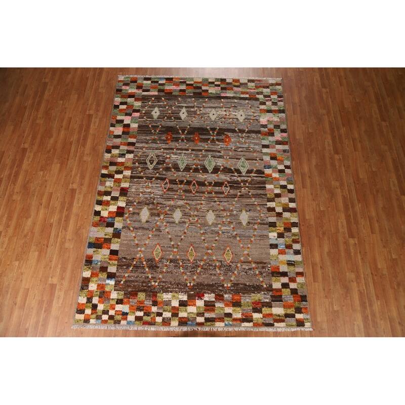 Hand Knotted Oriental 100% Wool Carpet Tribal Checkered Brown Moroccan Area Rug - 9' 10'' X 6' 10''