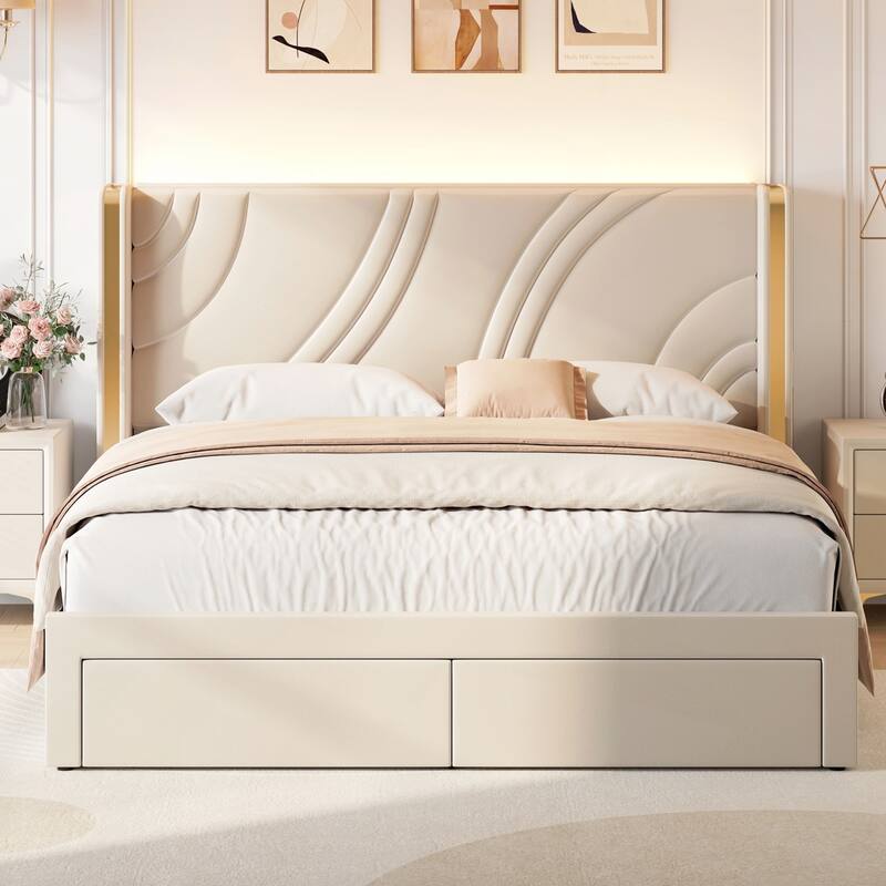 Queen Size Modern Upholstered LED Bed Frame - Beige