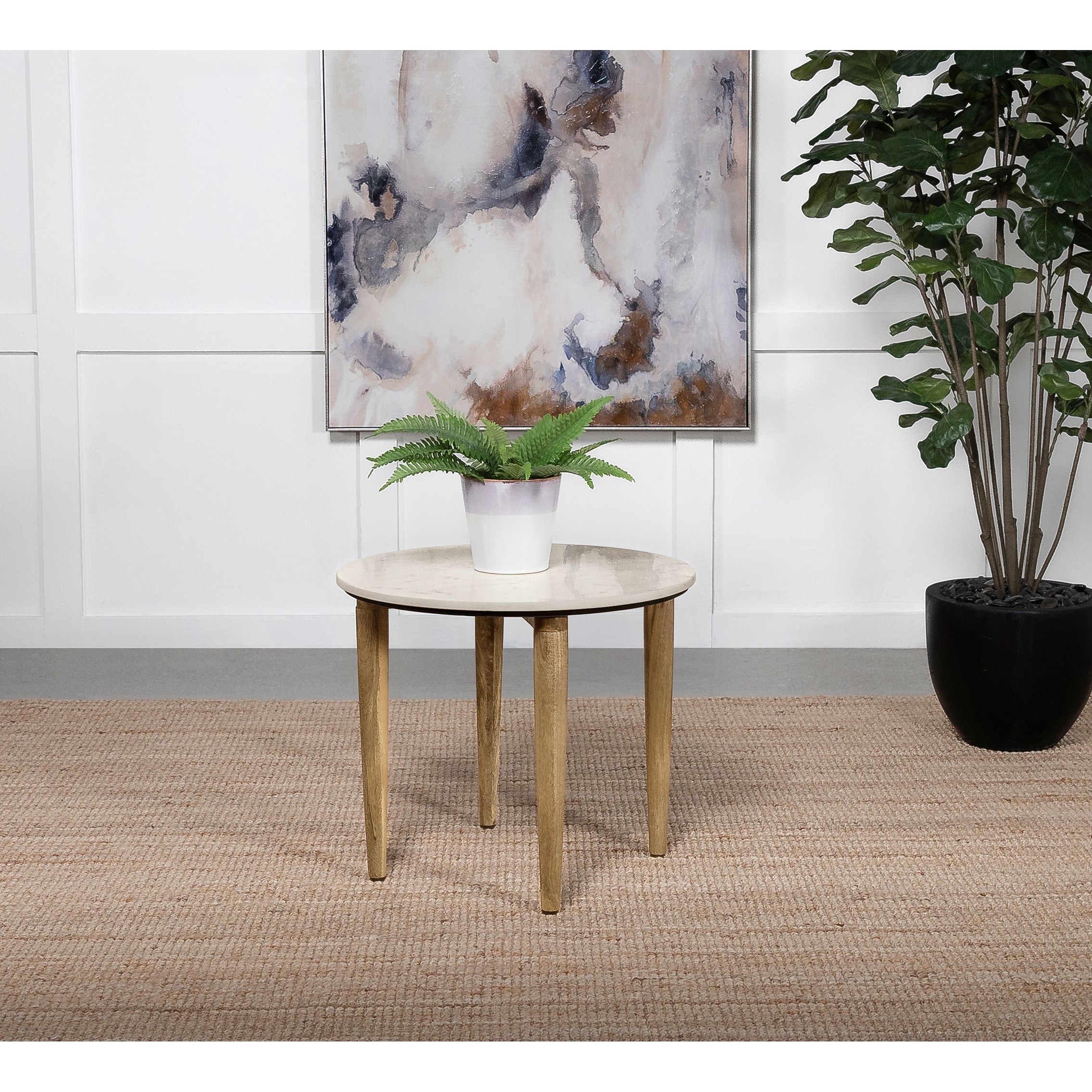 Aldis Round Marble Top Side End Table White and Natural