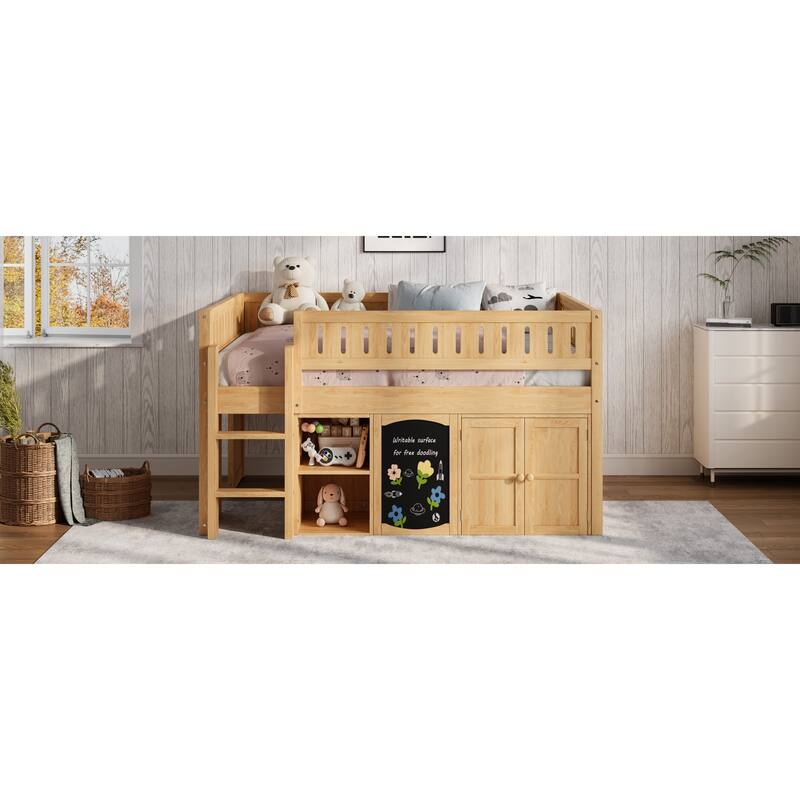 Roomfitters Full Size Loft Bed with Storage Cabinet, Open Shelves and Chalkboard Panel