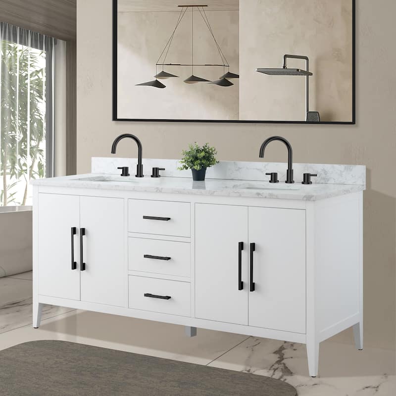 Vanity Art 72" Double Sink Bathroom Vanity Cabinet with Engineered Marble Top