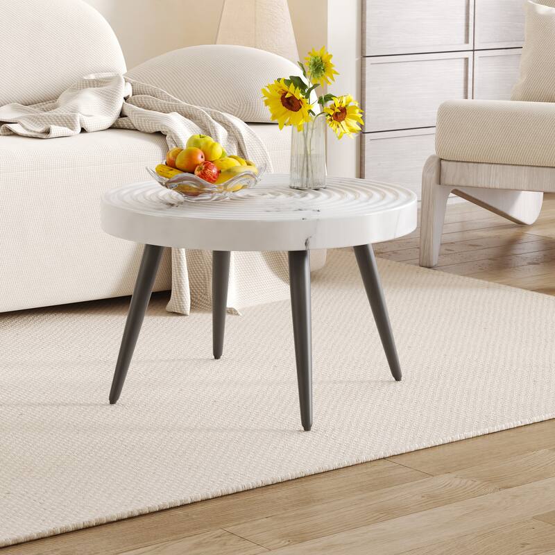 31-inch Modern farmhouse-style living room coffee table, round table with natural finish, white marble style