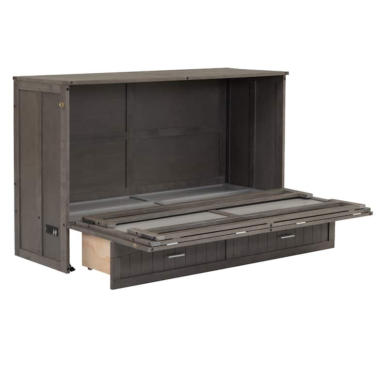 Grey Antique Pine Wood Queen Size Murphy Bed with Built-In Charging Station and Storage Drawer