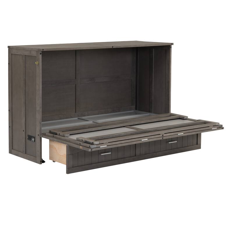 Grey Queen Murphy Bed in Antique with Charging Station and Storage Drawer - Pine and MDF