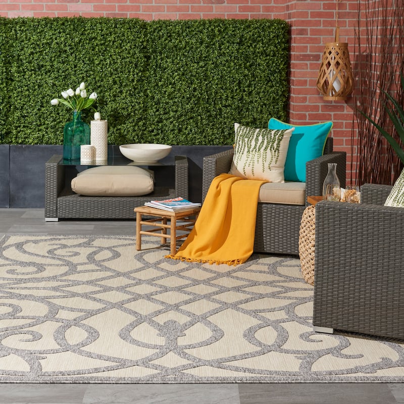 Nourison Palamos Geometric Scroll Indoor Outdoor Area Rug - 7' x 10' - Cream Grey