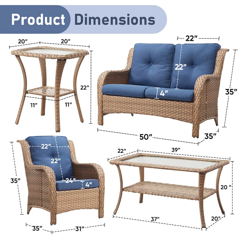 Pocassy 5 Pieces Outdoor Patio 2-Seat Sofa Chairs with Coffee Table