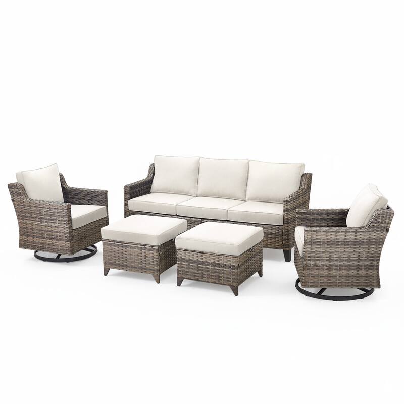 Glissia 5-Piece Gray Wicker Patio Conversation Set with Swivel Gliders and Ottomans