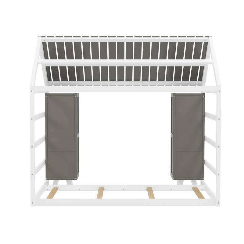 Wooden Twin Size House Shaped Platform Bed Frame with Fence and Roof, Kids Floor Bed with Movable Storage Wardrobes for Bedroom