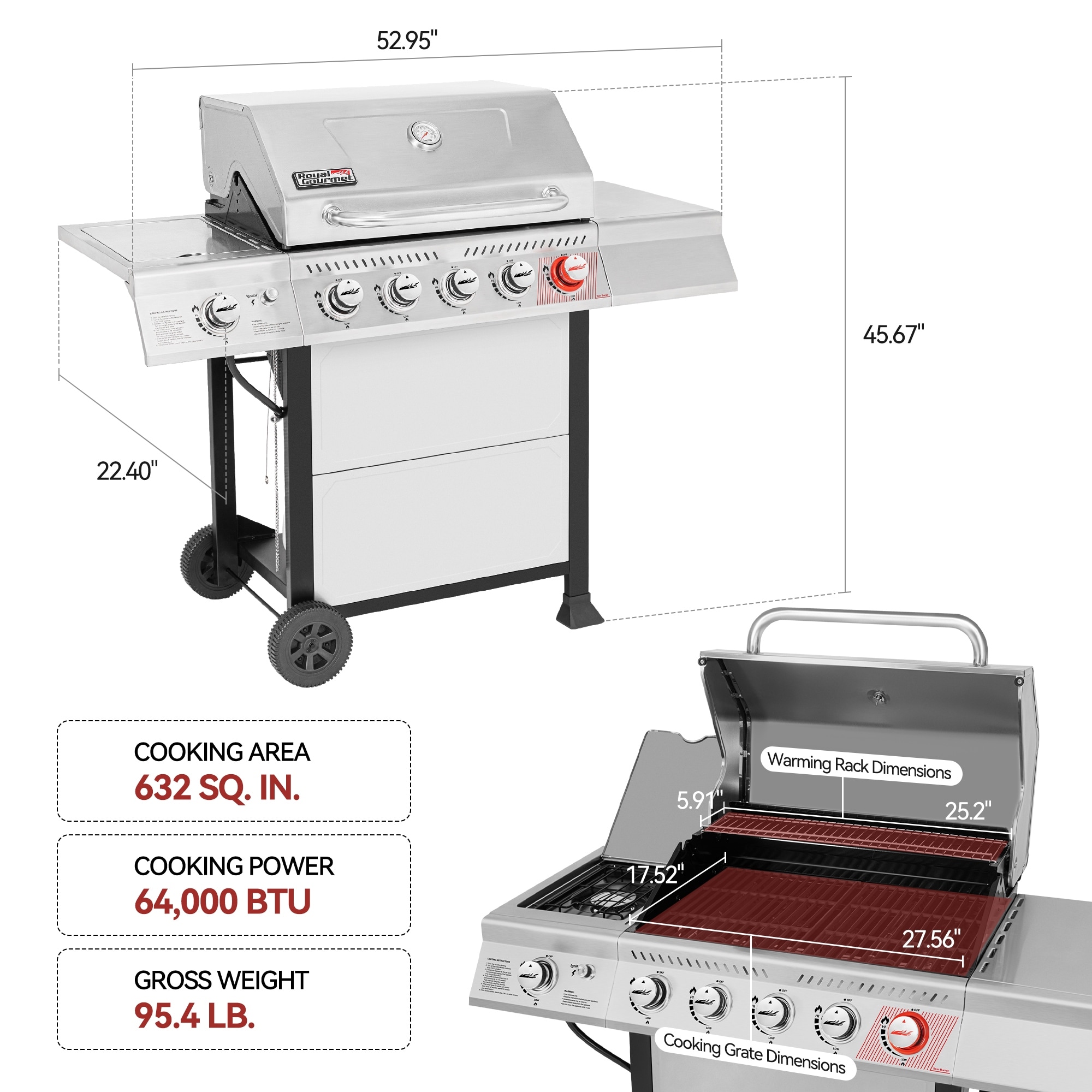 Royal Gourmet GA5401T 5 Burner BBQ Liquid Propane Gas Grill with Sear Burner and Side Burner Silver