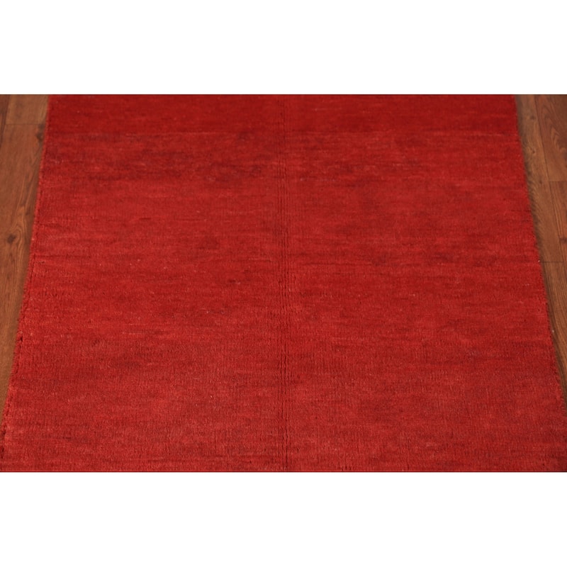 Modern Gabbeh Oriental Rug Hand-Knotted Solid Red Wool Carpet - 2'6" x 4'0"