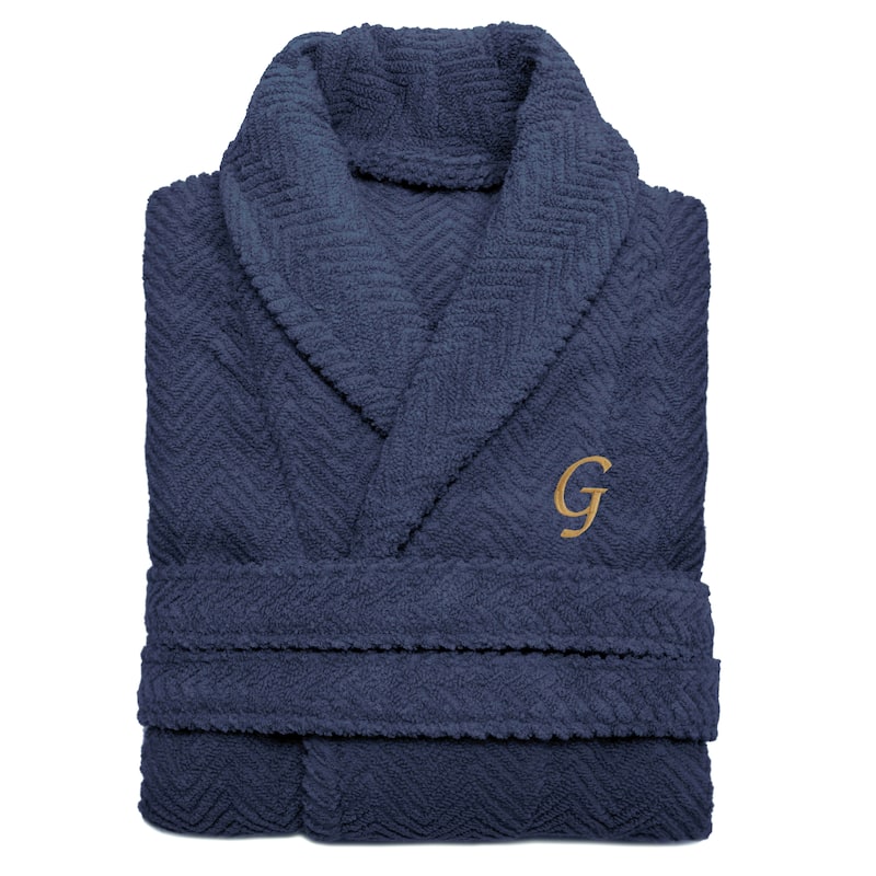 Authentic Hotel and Spa Midnight Blue with Gold Monogrammed Herringbone Weave Turkish Cotton Unisex Bath Robe - S/M - G