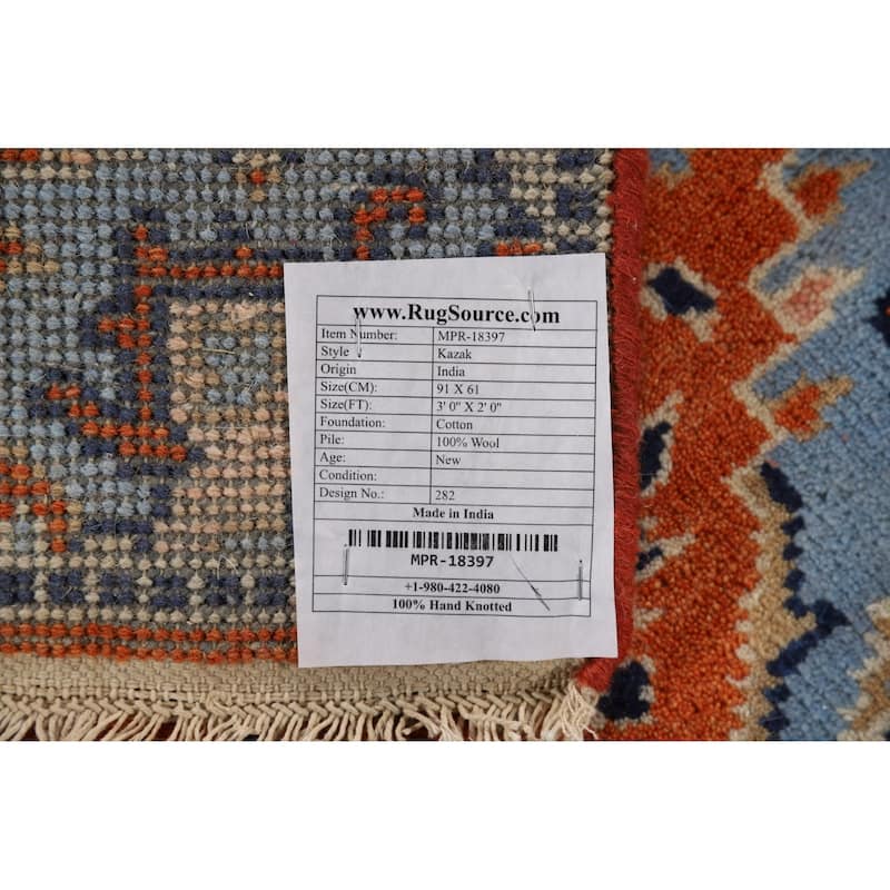 Orange & Blue Kazak Indian Foyer Rug Hand-Knotted Wool Carpet - 2'0" x 3'0"