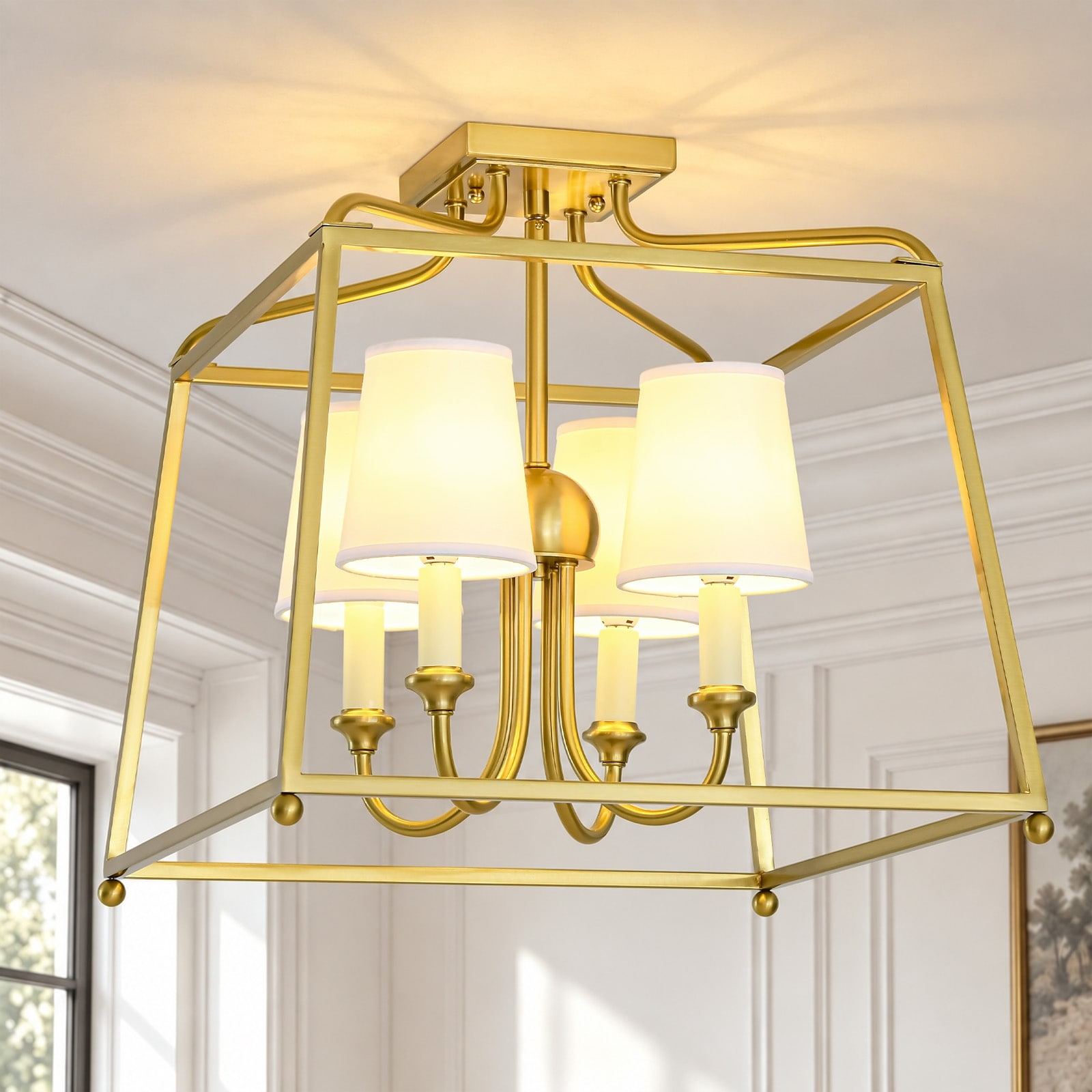 15.7 in. 4-Light Modern Gold Lantern Semi-Flush Mount Ceiling Light with White Fabric Shades