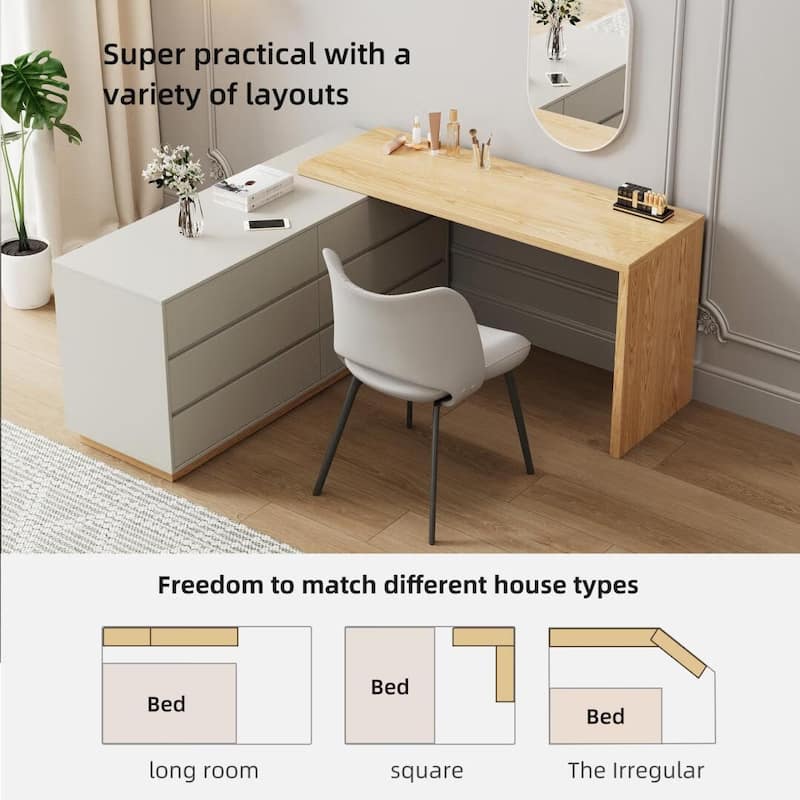 55.2 Inch White Corner L-Shaped Dressing Table with 6 Drawers Perfect for Bedrooms or Study Rooms