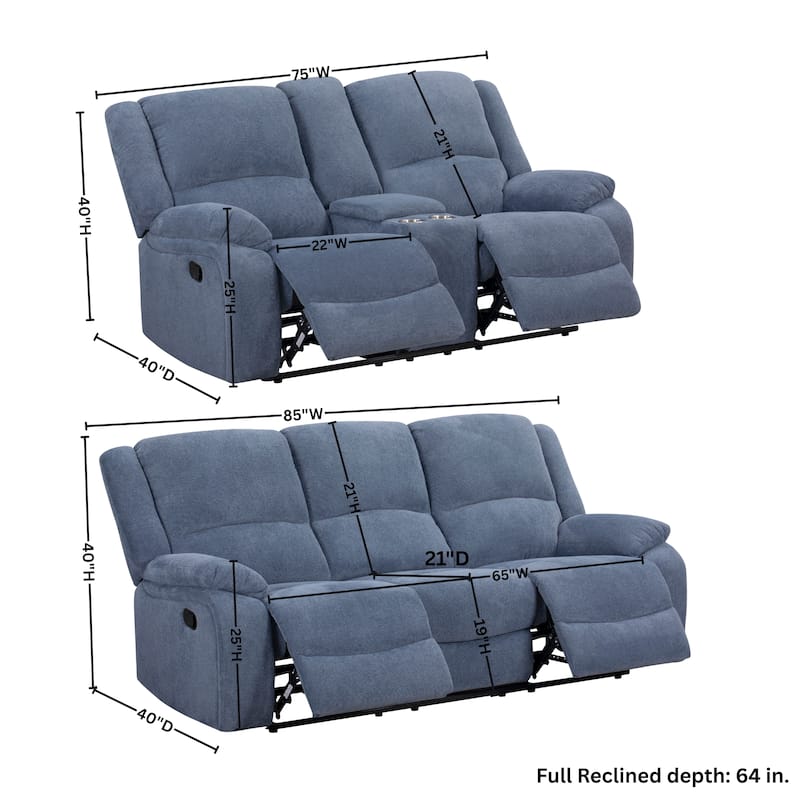 Roundhill Furniture Blitz Transitional 2-Piece Living Room Reclining Set, Sofa and Loveseat