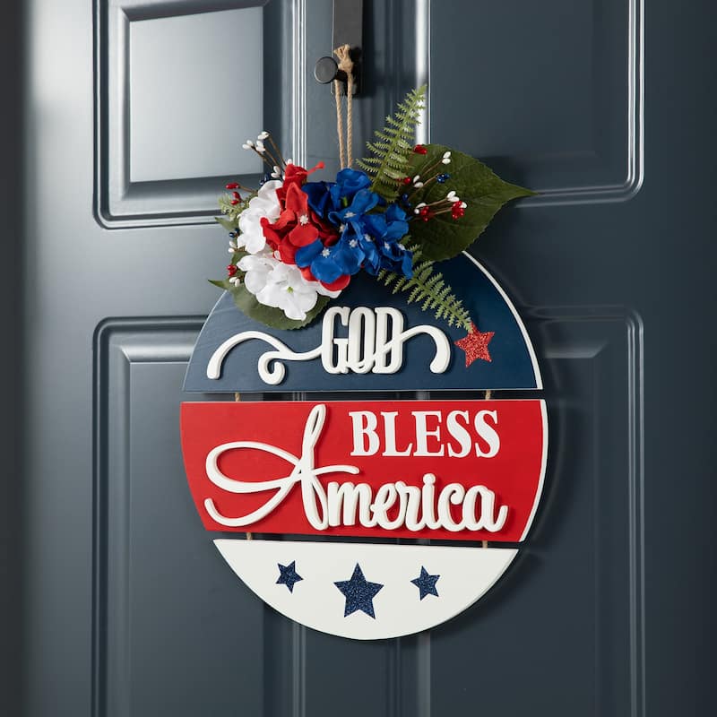 Glitzhome Patriotic/Americana Wooden Flag Sign Door Hangers Decor - Floral