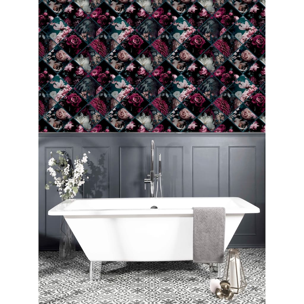 Floral Collage Plum and Teal Vinyl Wallpaper - 20.8 in. W x 33ft L - Double Roll