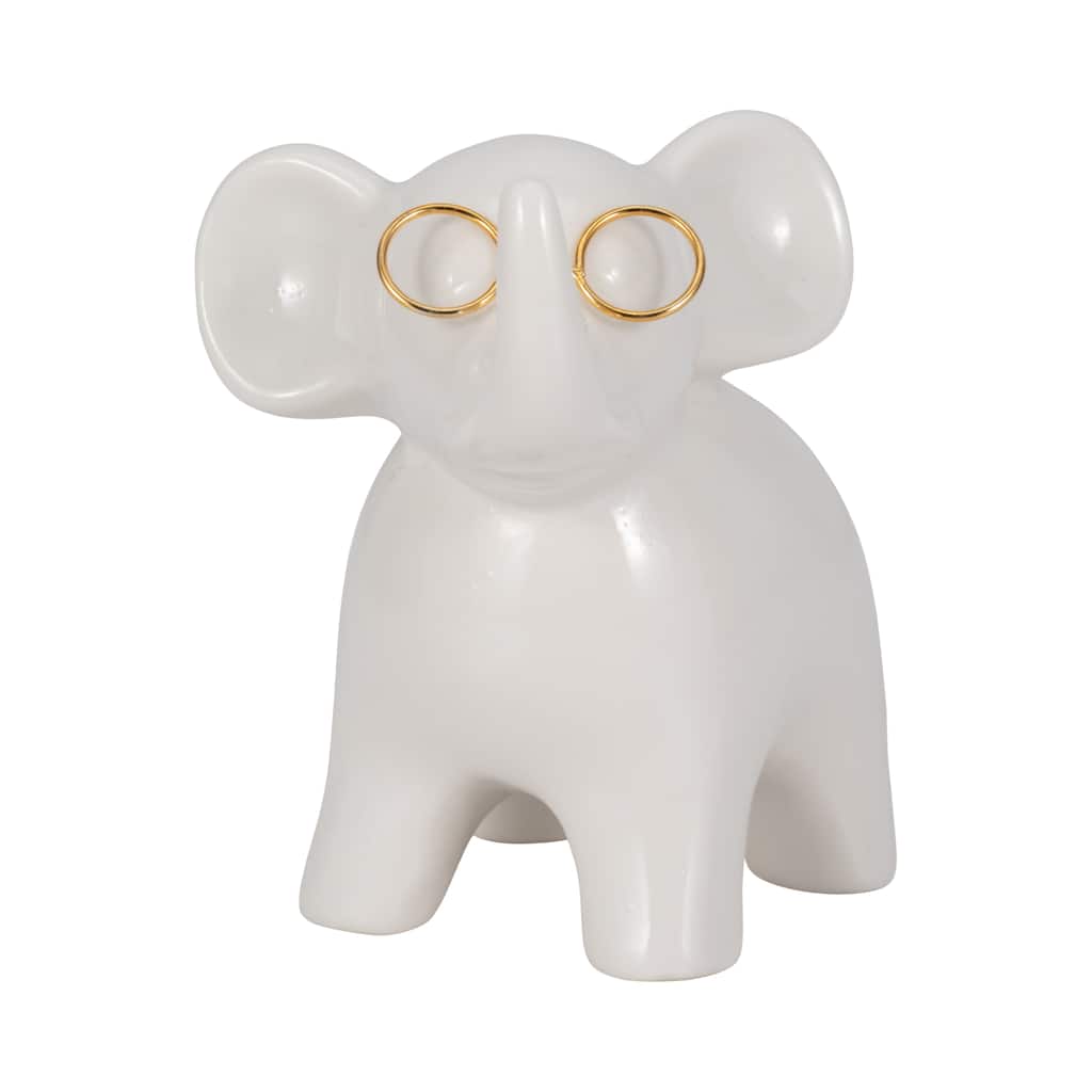 Sagebrook Home Ceramic Elephant Figurine With Glasses, Whimsical White and Gold Decor Accent - 5.5" x 4" x 5.5"