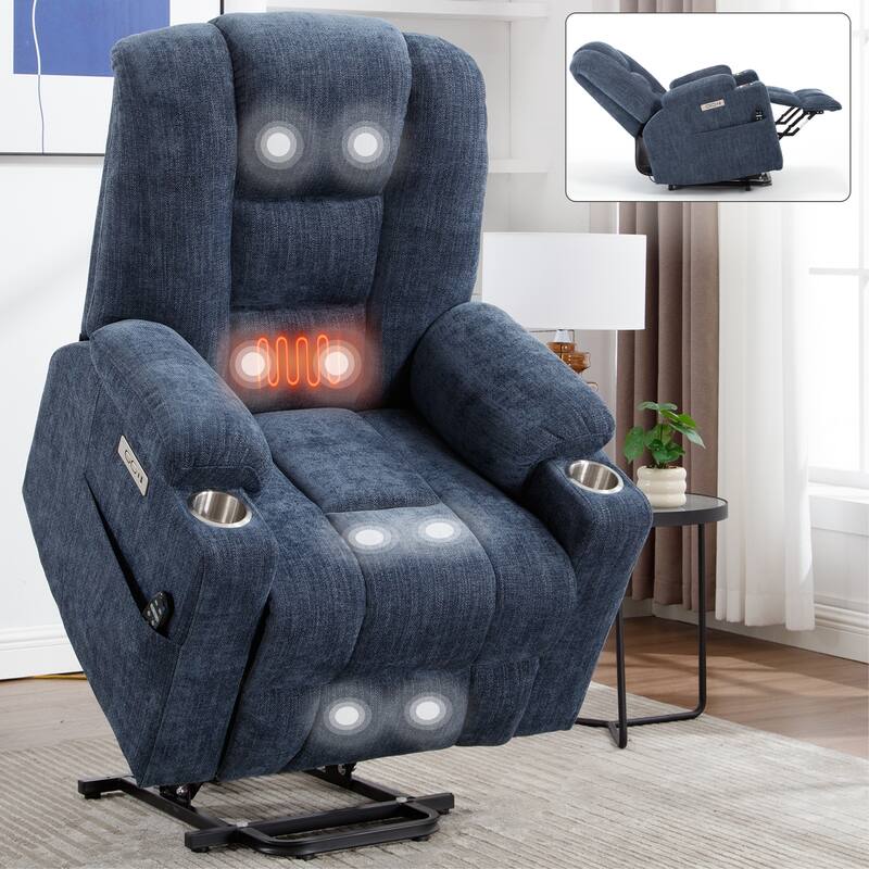 Roomfitters Oversized Power Lift Recliner, Massage Chair with USB A & C Ports and Dual Steel Cup Holders, Blue