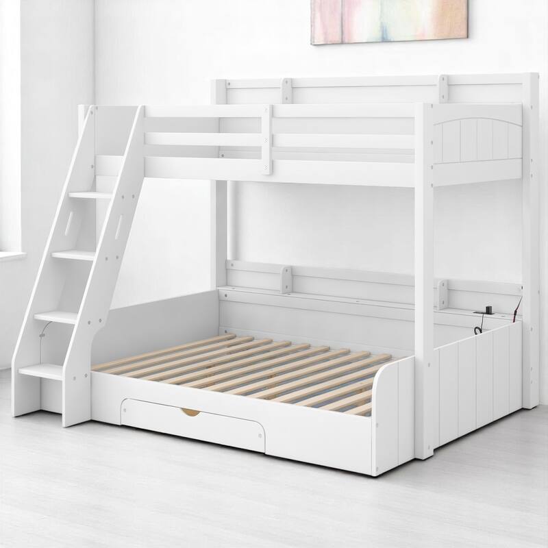 Twin Over Full Bunk Bed with Storage Shelves, LED Lights, Charging Station, and Drawer, kid bed,Storage bed