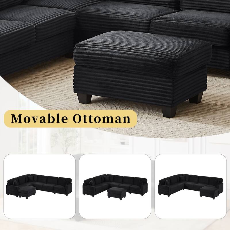 Corduroy U-Shaped Sectional Sofa 125.2" Upholstered Sofa with Movable Footstool and Side Storage Pockets, Pillow