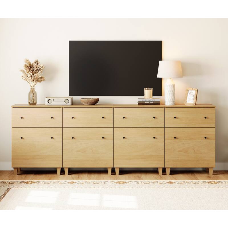 WAMPAT Modern TV Cabinet Stand with Drawers and Door - 94.4" - 4 Pack - Oak
