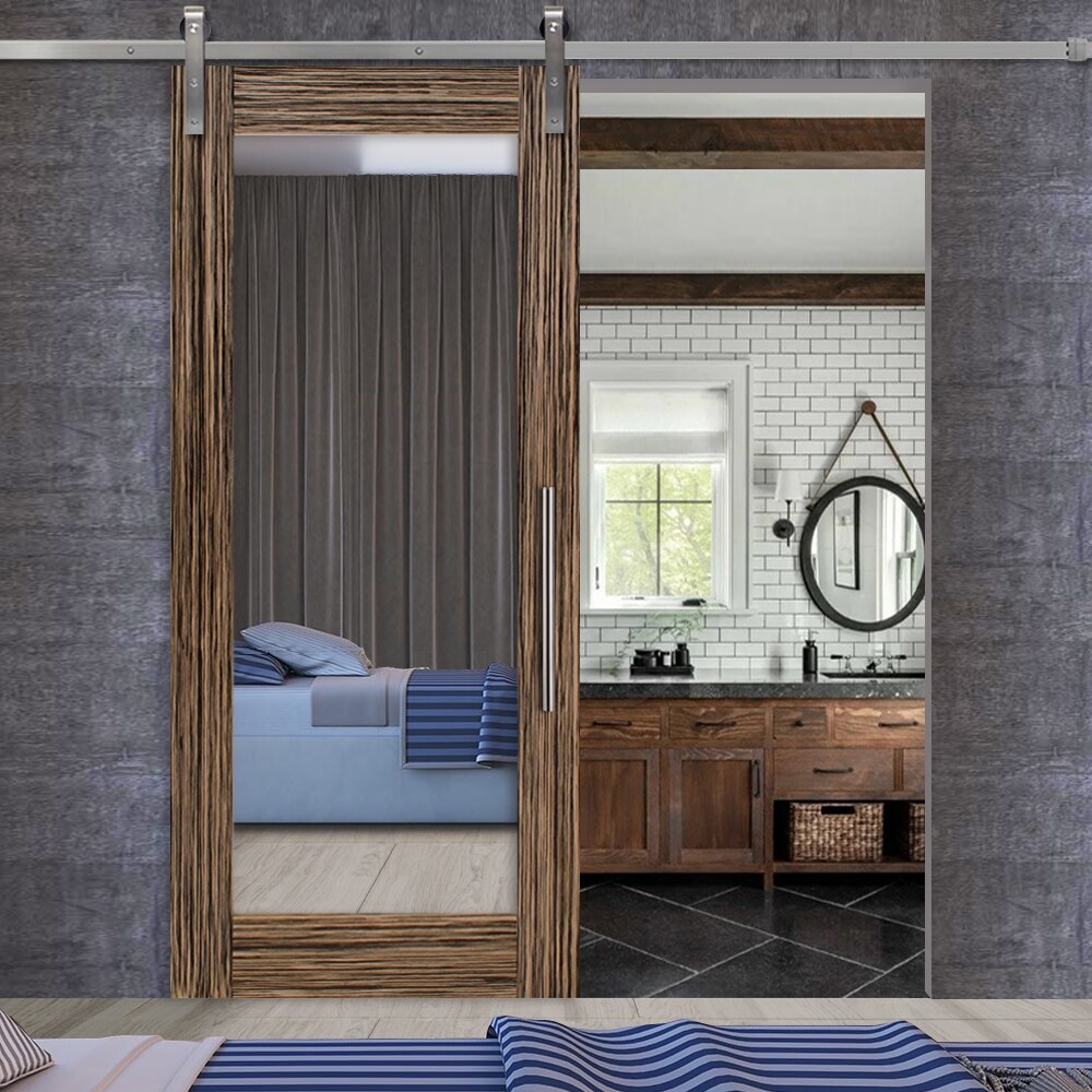 Ebony Wood Sliding Barn Door Mirror with Stainless Steel Hardware - Bed Bath & Beyond - 34078574