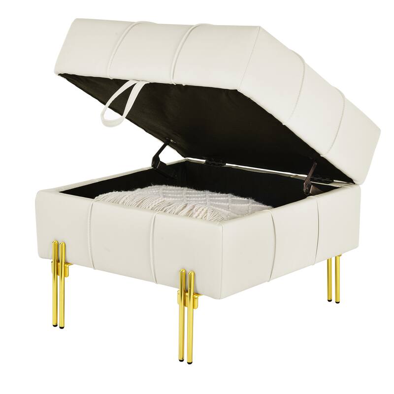 22 inches Anti-scratch Leather Storage Ottoman, Pet Friendly Entryway Bench with Golden Stainless Steel Legs