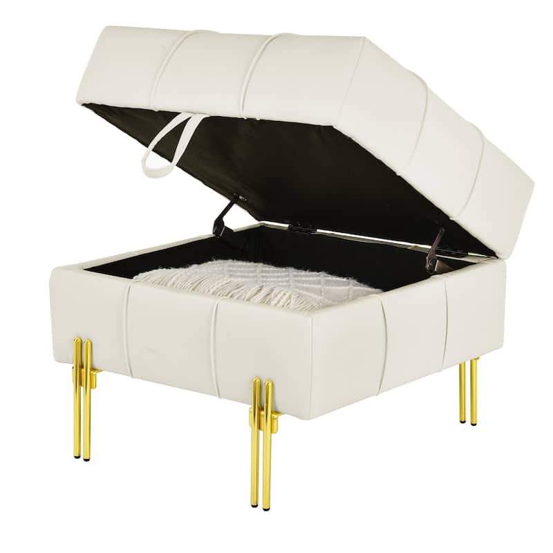 Square Leather Storage Ottoman, Tufted Upholstered Footstool with Flip Top, Entryway Bench with Stainless Steel Legs