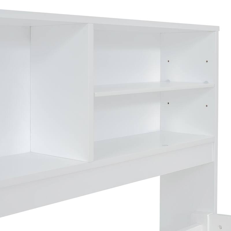 Full Size Wood Daybed with 2 Bedside Cabinets, Upper Shelves and 4 Drawers, White
