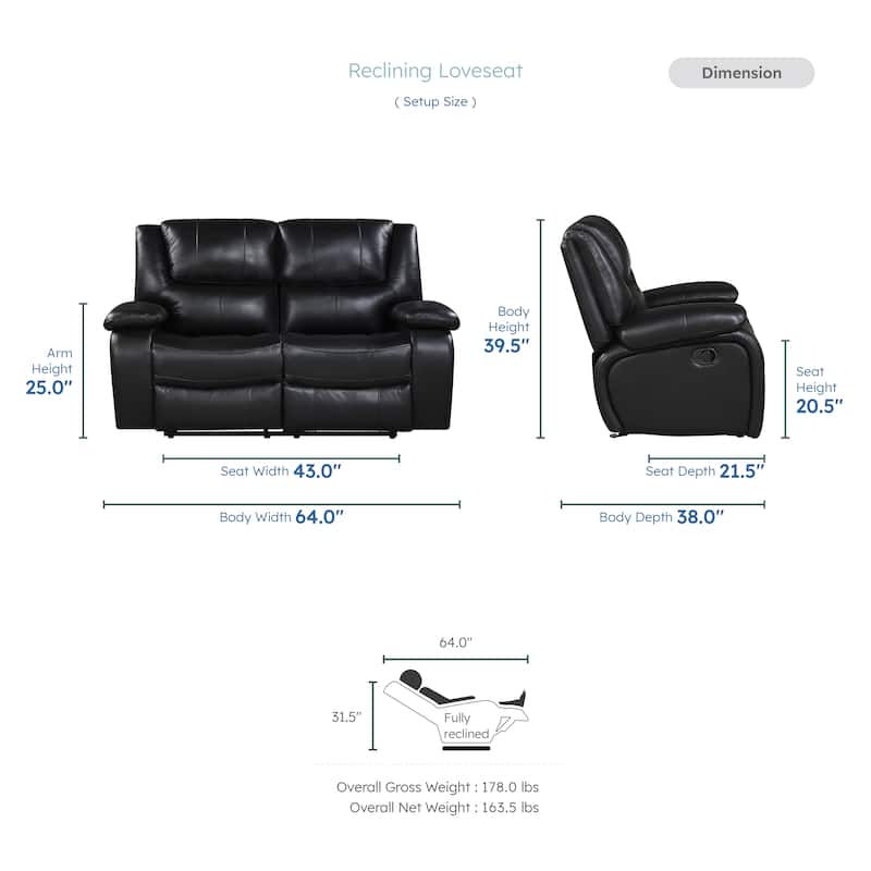 Fremont & Park Baron 65" Leather Manual Double Reclining Loveseat, Wall Hugger Design