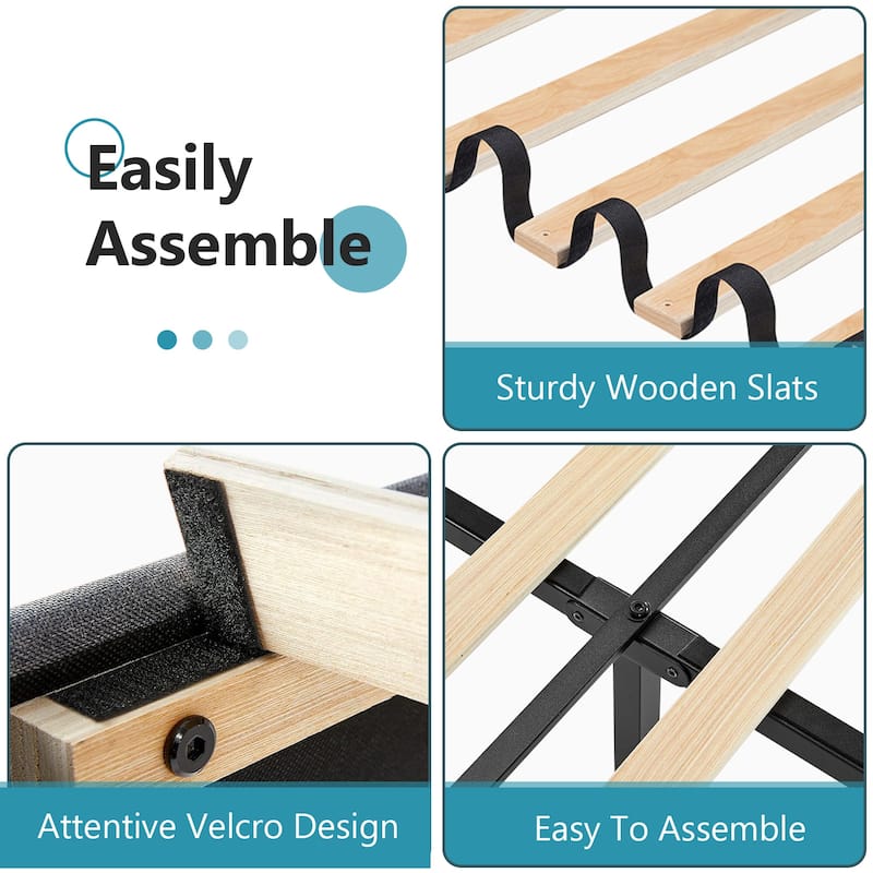 Full Size Platform Bed Frame with Fabric Upholstered Headboard and Wooden Slats Support, No Box Spring Needed/Easy Assembly