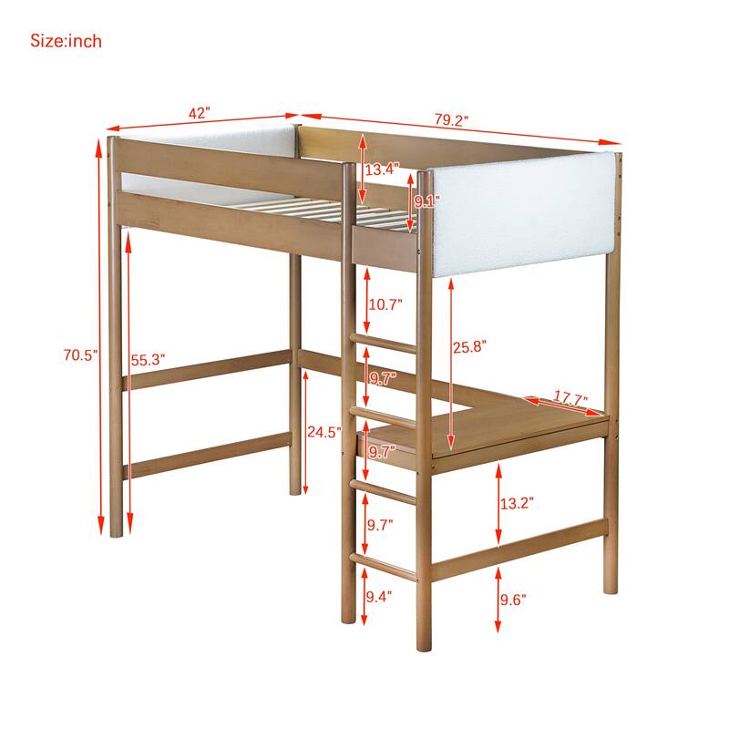 Wood Twin Size Loft Bed with Desk, Boucle Upholstered Headboard and Footboard with Ladder, Safety Guardrails