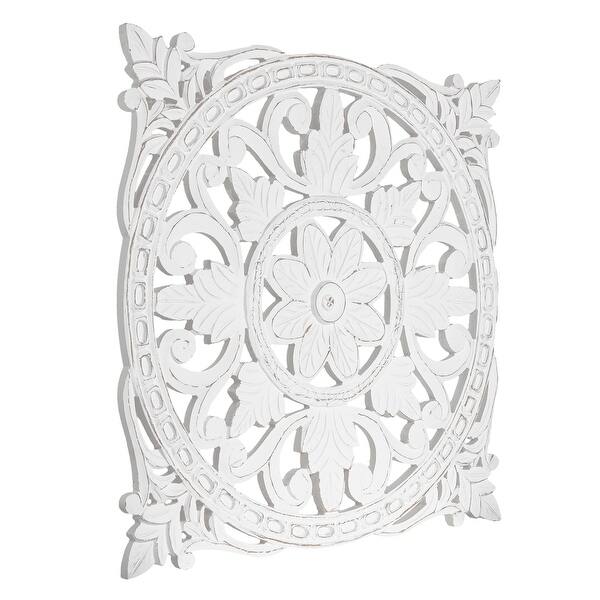 Shop American Art Decor Hand Carved Square Floral Wood Wall Art White Overstock 32411279