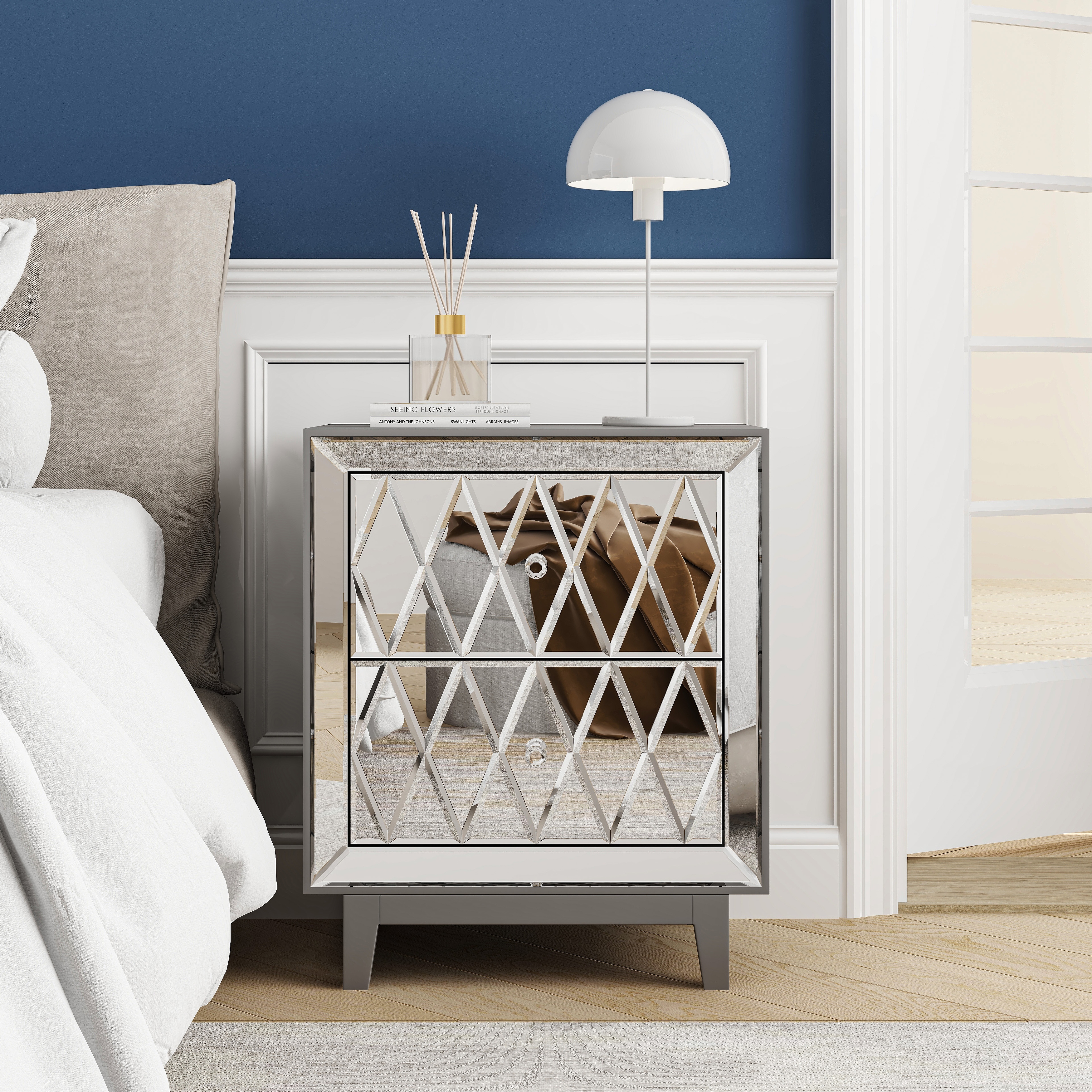 Mirrored glass bedside table discount
