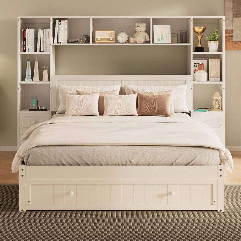Wood Platform Bed with Smart Storage and Convenient Charging - White-Queen Size