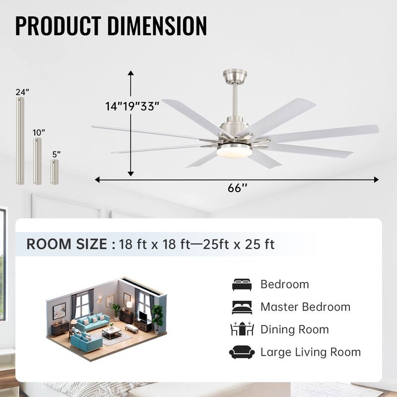 52 Inch/66 Inch/72 Inch Modern Ceiling Fan with Dimmable LED Light ,Remote&APP Control,8 Blades for Large Living Room,Porch