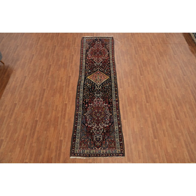 Hand Knotted Oriental 100% Wool Carpet Traditional Floral Black Bakhtiari Runner Rug - 14' 7'' X 3' 9''