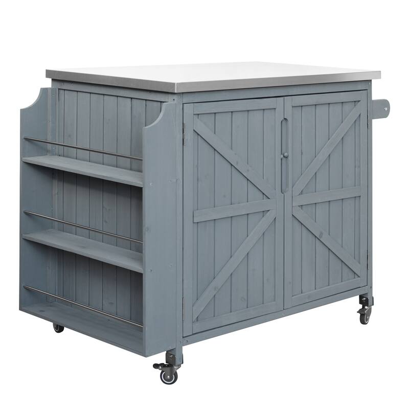 42.1" Outdoor Kitchen Island with Stainless Steel Top, Outdoor Grill Cart with Storage Cabinet and Adjustable Shelf