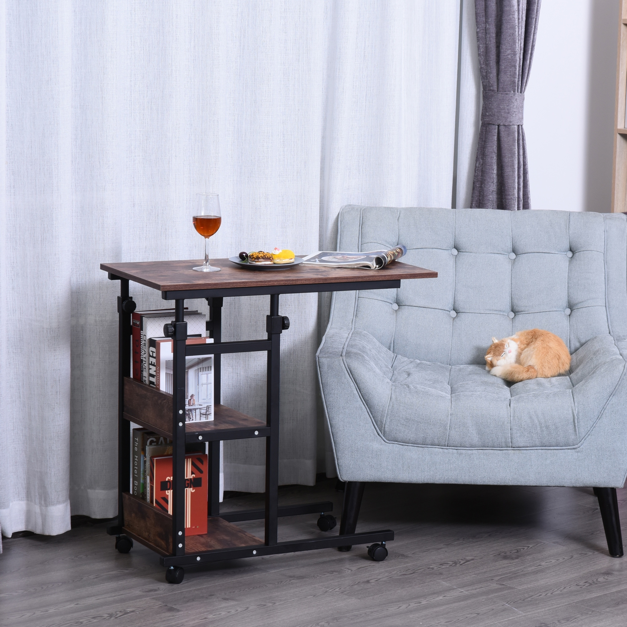 HOMCOM Industrial C-Shaped Mobile Rolling Sofa Side Table with 3-Tier Storage Shelving, Adjustable Height, & Wheels