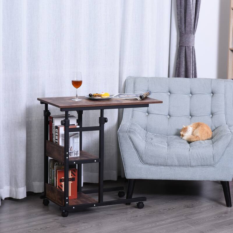 HOMCOM Industrial C-Shaped Mobile Rolling Sofa Side Table with 3-Tier Storage Shelving, Adjustable Height, & Wheels - Brown