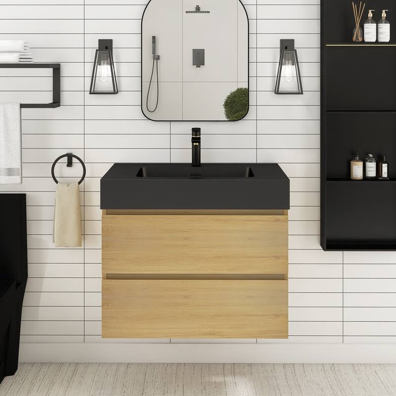 Floating Bathroom Vanity with Black Solid Surface Top - 29.9'' x 18.1'' x 25.2'' - Oak